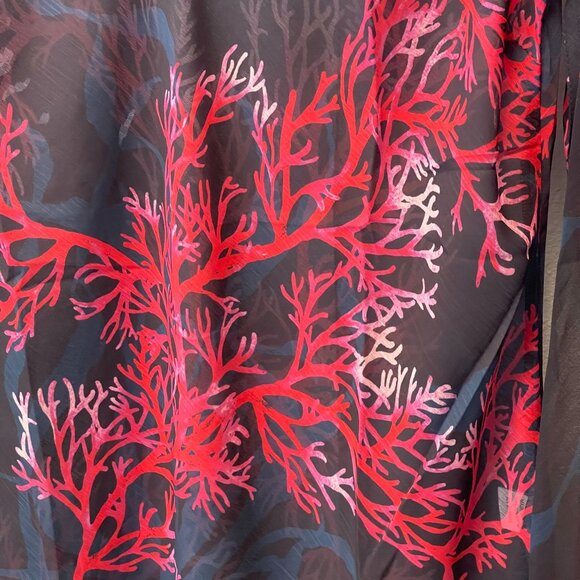 MODAPOSA Coral Print Beaded V-Neck Sheer Tunic  Beach Cover-Up flared sleeves - Picture 6 of 9